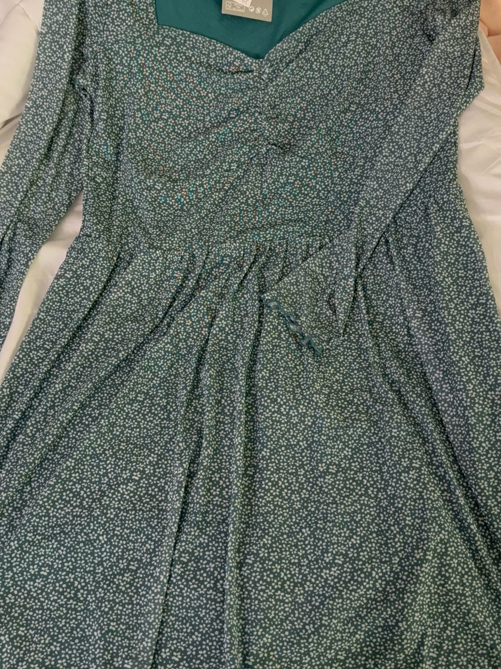 H&M Teal Long-Sleeve Dress with White Ditsy Floral Print
